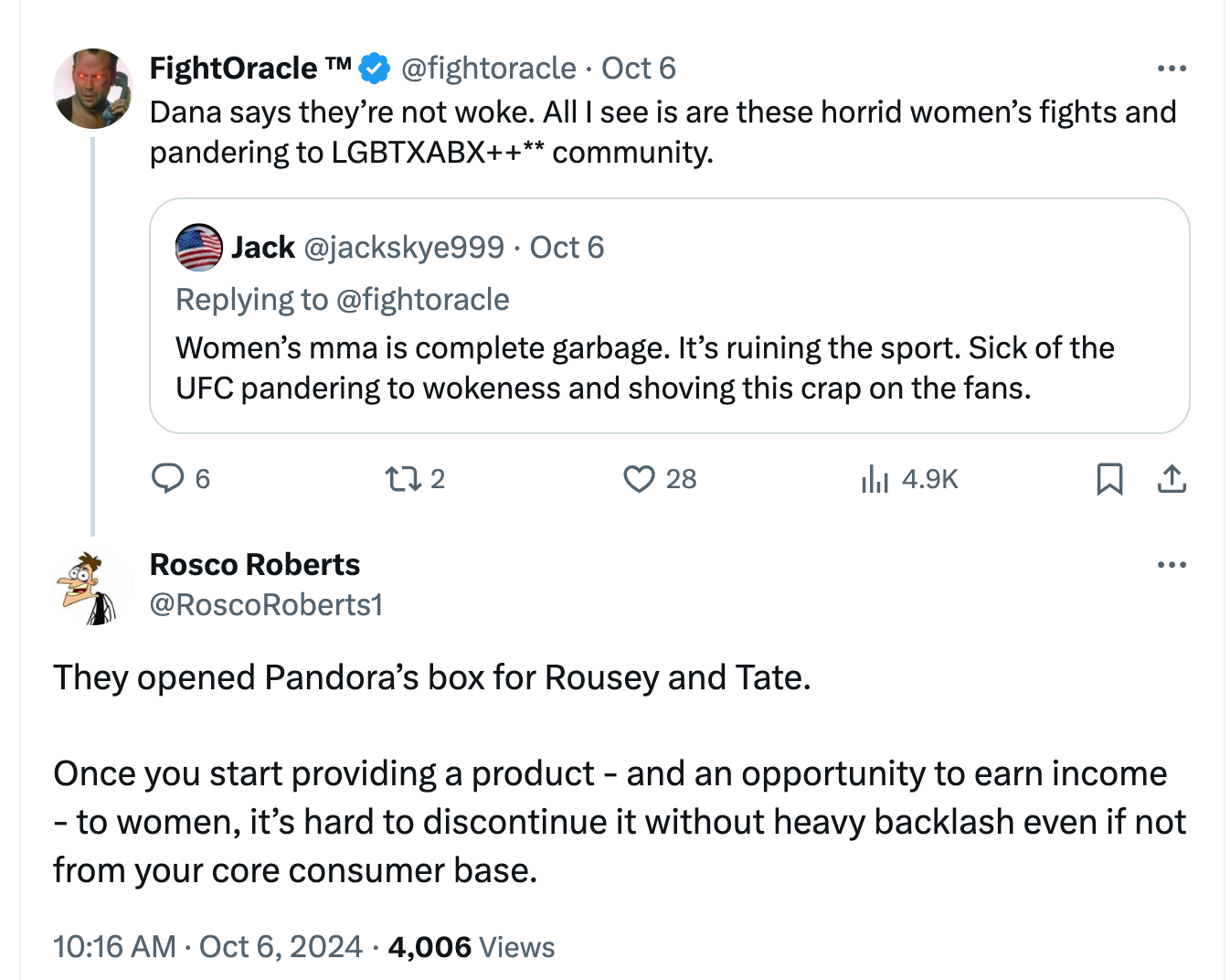 @fightoracle · Oct 6 Dana says they’re not woke. All I see is are these horrid women’s fights and pandering to LGBTXABX++** community. Quote Jack @jackskye999 · Oct 6 Replying to @fightoracle Women’s mma is complete garbage. It’s ruining the sport. Sick of the UFC pandering to wokeness and shoving this crap on the fans. Rosco Roberts @RoscoRoberts1 They opened Pandora’s box for Rousey and Tate.   Once you start providing a product - and an opportunity to earn income - to women, it’s hard to discontinue it without heavy backlash even if not from your core consumer base.