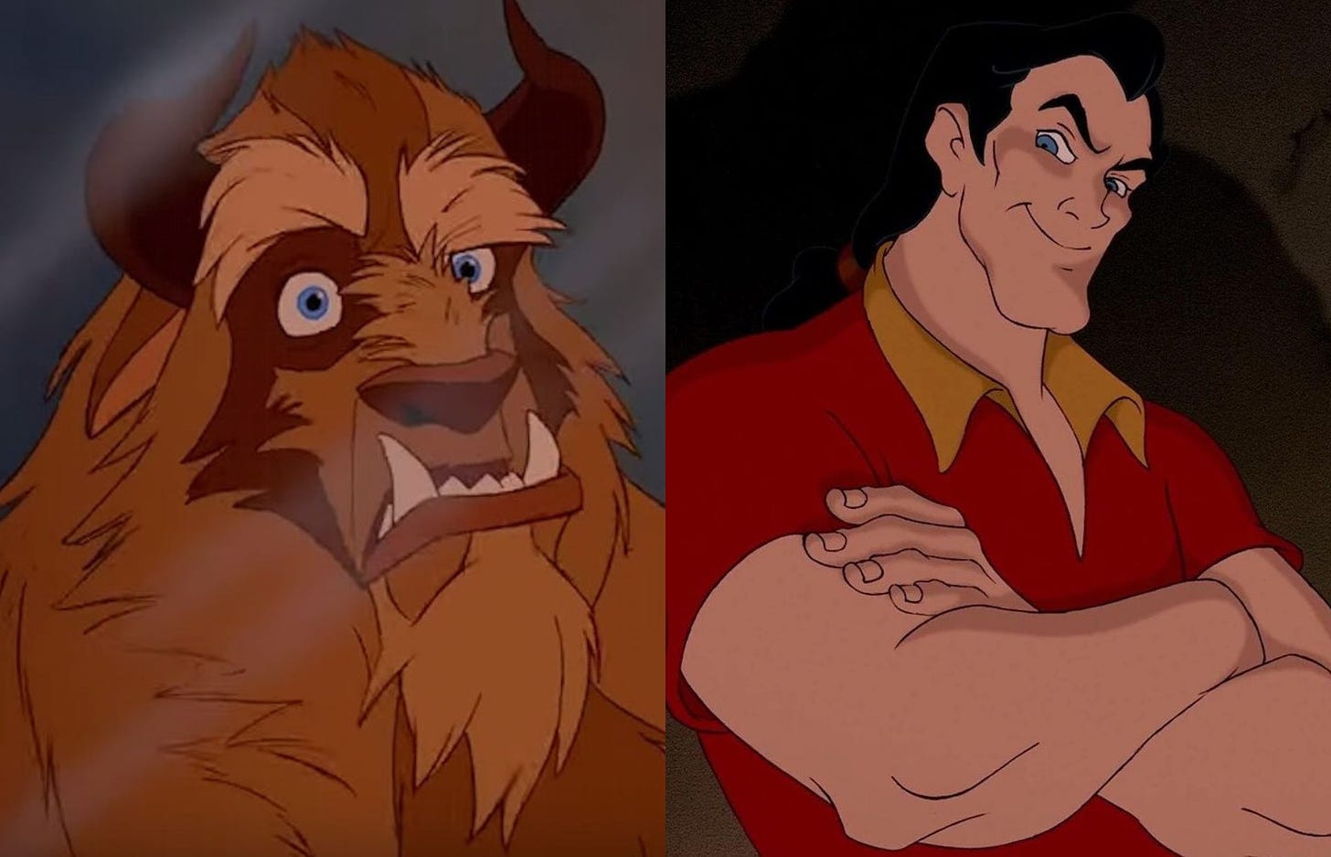 Side by side of Beast and Gaston from Beauty and the Beast.