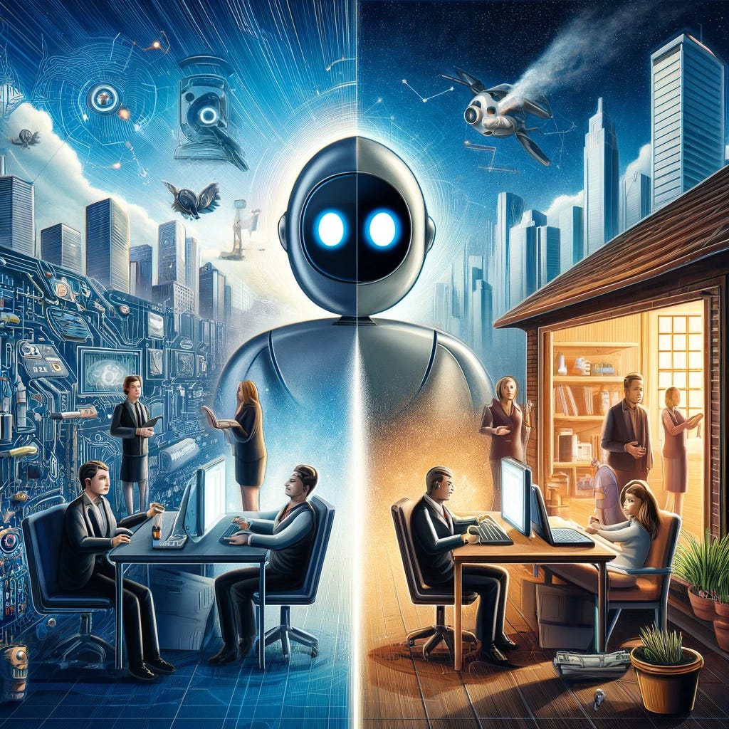 A conceptual illustration depicting the evolution and impact of AI technology, particularly focusing on the use of AI agents like ChatGPT in business environments versus consumer markets. The image features a split scene: On one side, a bustling corporate office where professionals are engaged with AI interfaces on their computers, illustrating the enterprise application of AI. On the other side, a casual home setting with a few individuals looking puzzled by a futuristic AI device, representing the slower adoption in the consumer market. The contrast highlights the different rates of acceptance and the varied impacts of AI across different sectors.