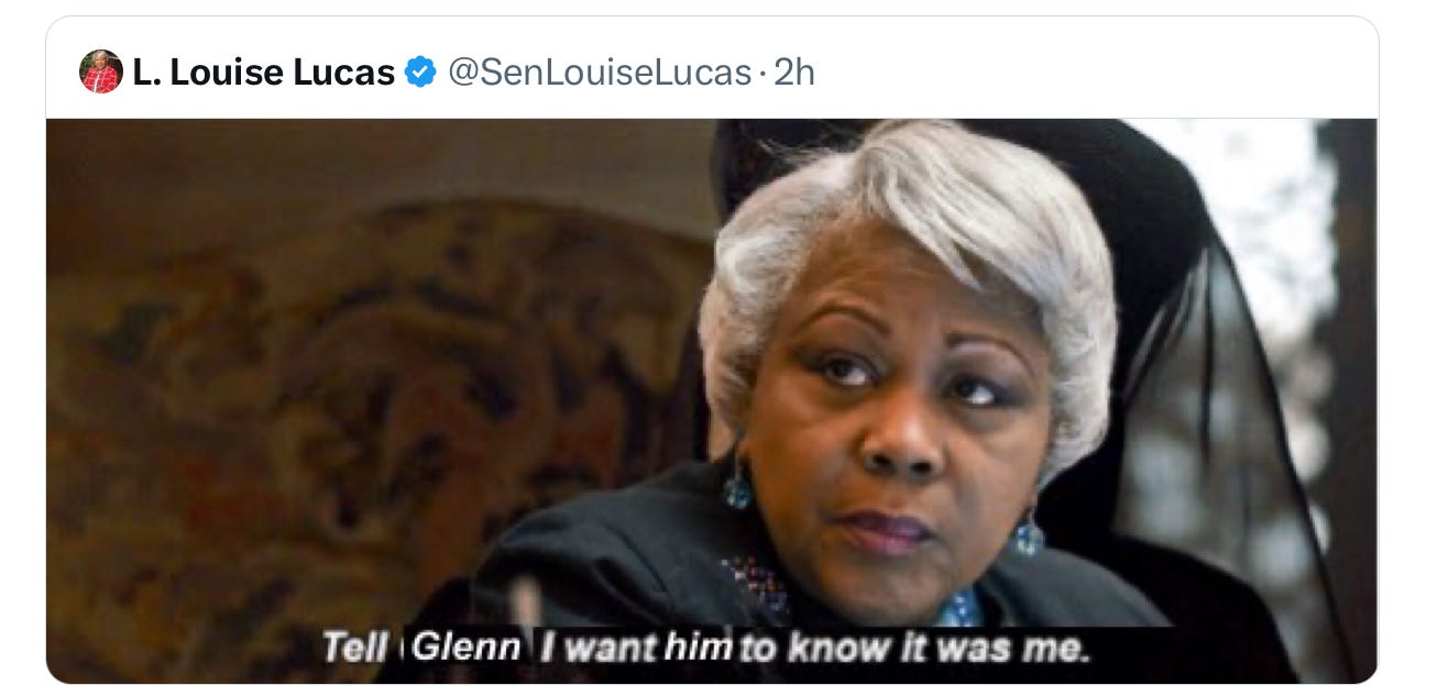 Sen Louise Lucas tweet: Her picture, captioned 'Tell Glenn I want him to know it was me.'