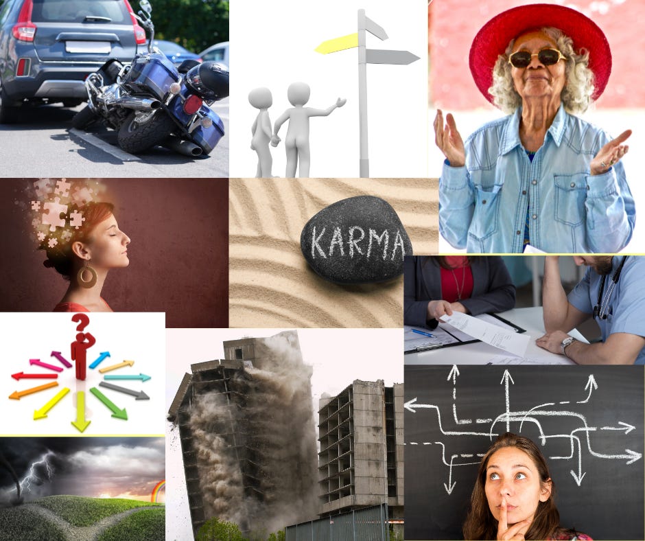 Collage of pictures representing choosing and decision making, karma and result, and a building imploding, and woman of wisdom.
