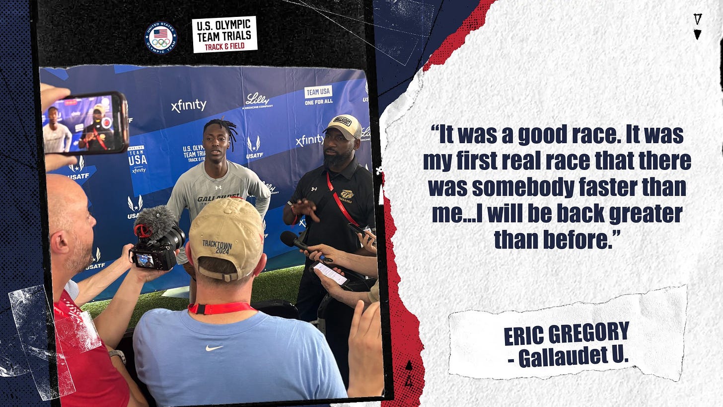 Eric Gregory quote graphic that reads in navy text "It was a good race. It was my first real race that there was somebody faster than me...I will be back greater than before."