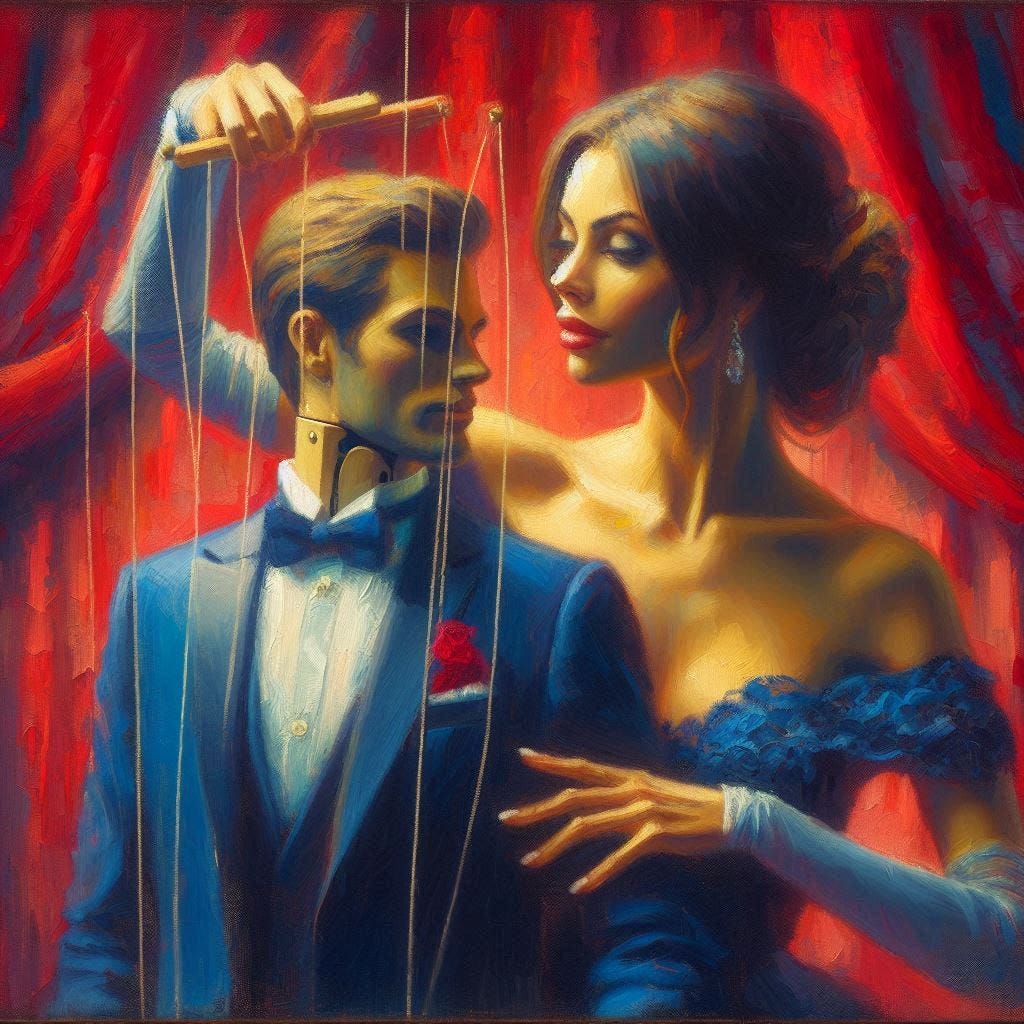 A beautiful woman manipulates a puppet-on-strings of a handsome man in a dark blue suit. Red velvet curtain background. Impressionist-style.