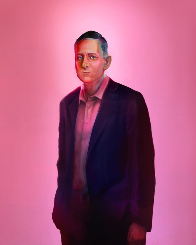 A painting of Peter Thiel on a pink background wearing a suit and a golf shirt