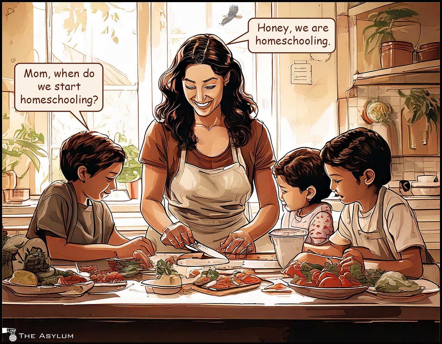 A Mom preparing a meal while her three children help. Mom, when do we start homeschooling. Honey, we are homeschooling.