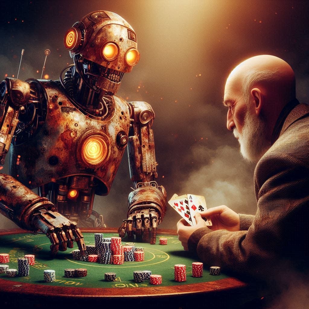 rusted robot playing poker against bald man, cyberpunk digital art