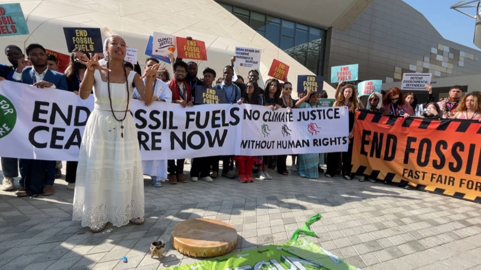 Messiah, a climate activist belonging to Peru's Fort Yuma Quechan tribe, urges people at the Cop28 summit in Dubai to pay more attention to the climate crisis on 8 December 2023.