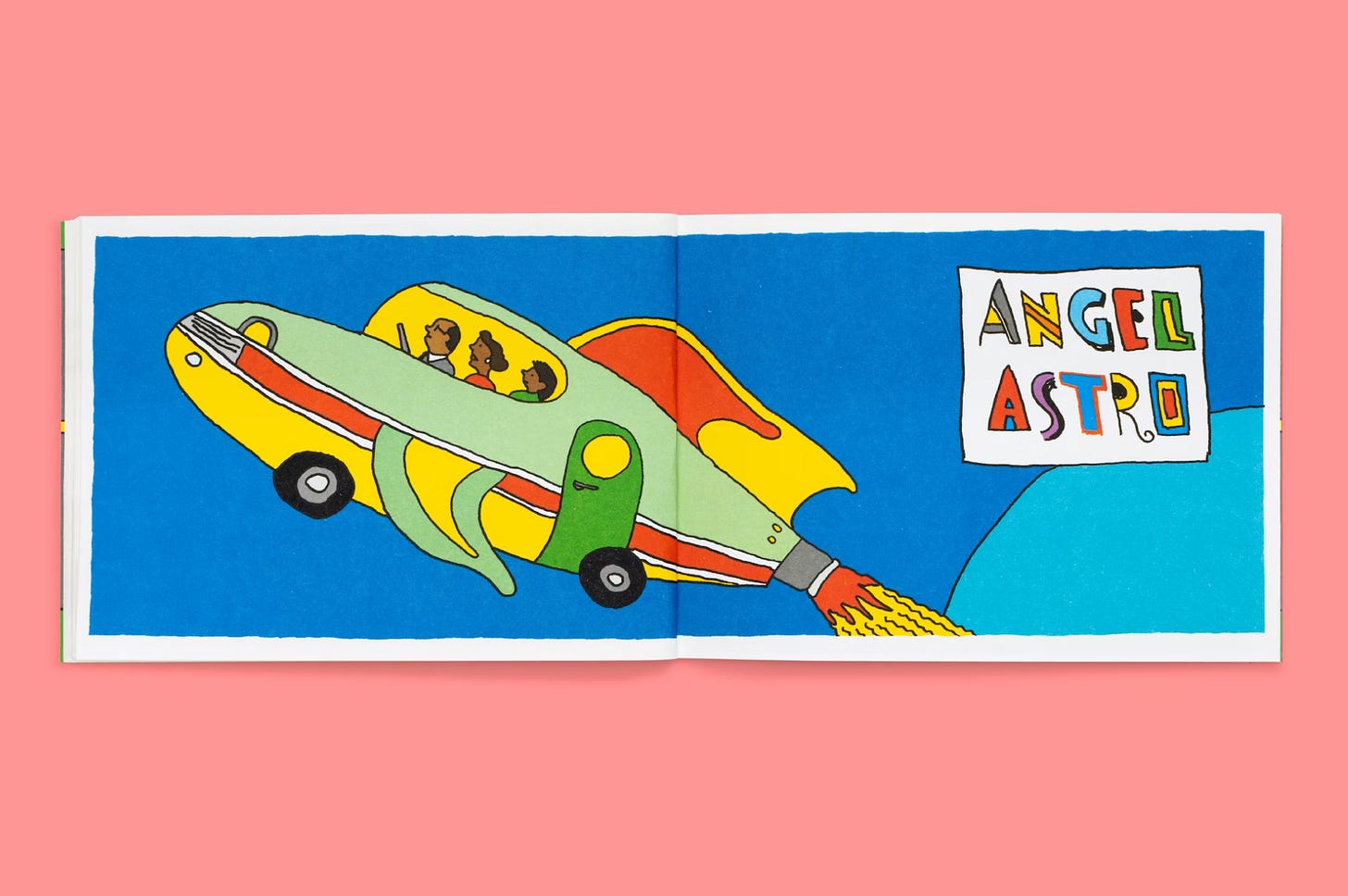 The image is of an illistration of a flying car named Angel Astro. It has green and yellow wings and a red and yellow fin. A man, a woman and a child are in the front seats flying the car through space. 
