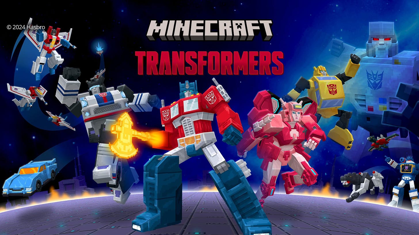 Transformers Autobots pose below the Minecraft and Transformers logos, which are centered at top