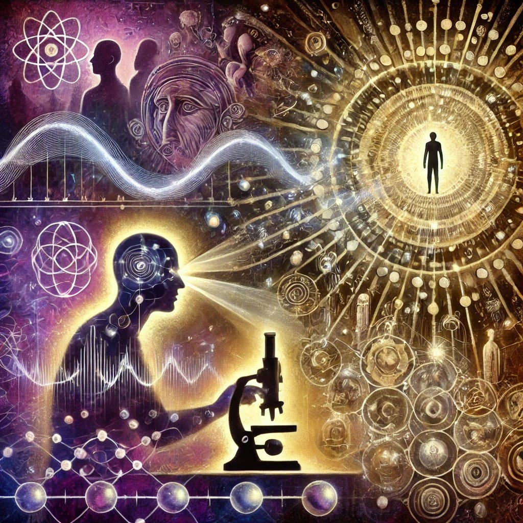 An evocative illustration inspired by the experimenter effect and the influence of consciousness on reality. The foreground features a glowing human silhouette focusing on a scientific setup, with quantum waveforms and interconnected particles symbolizing the observer's impact on the experiment. The background incorporates abstract societal motifs, such as crowds and cultural symbols, blending into patterns of light and shadow to represent the ripple effect of collective intent. The color palette includes purples, golds, and silvers to evoke mystery, interconnectedness, and transformative potential.