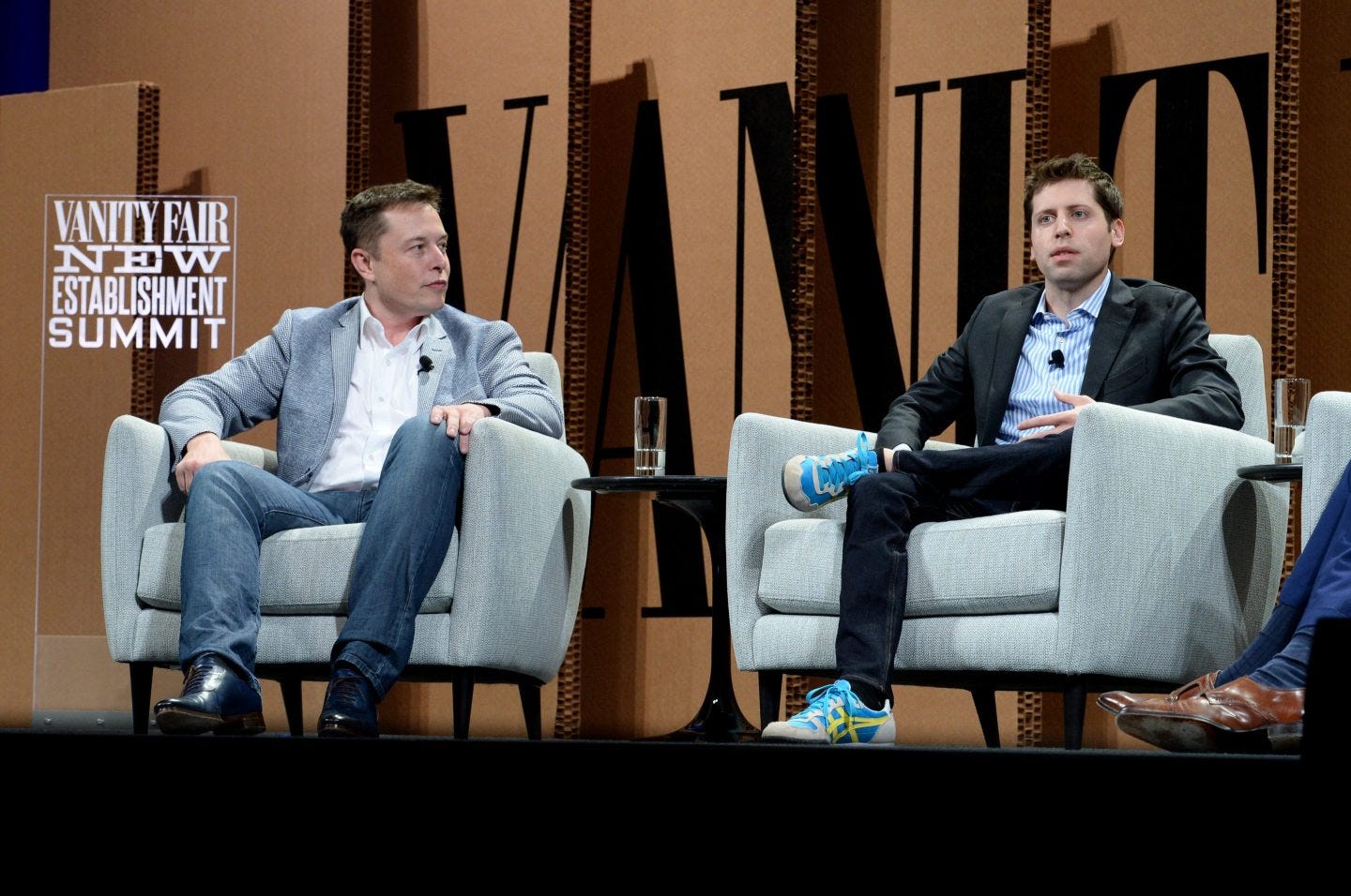 Elon Musk and Sam Altman on stage during a live interview