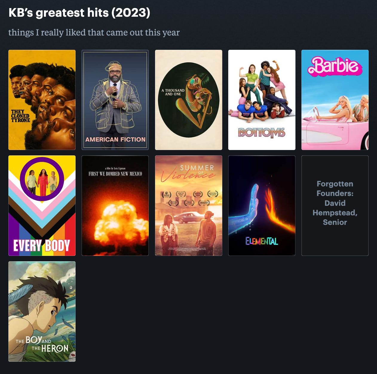 Image that starts with "KB's greatest hits (2023)". It includes movies like They Cloned Tyrone, American Fiction, A Thousand and One, Bottoms, and more. Check it out at KB's letterboxd.