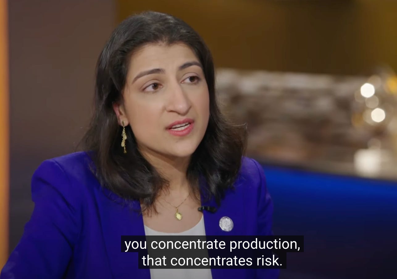 U.S. Federal Trade Commission Chair, Lina Khan, discussing the dangers of monopolies on The Daily Show