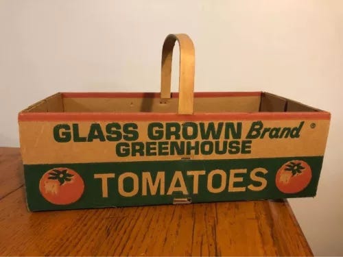 Vtg Farm House Cardboard Marque Tomatoes Gathering Box Basket w/ Wooden Handle - Picture 1 of 6