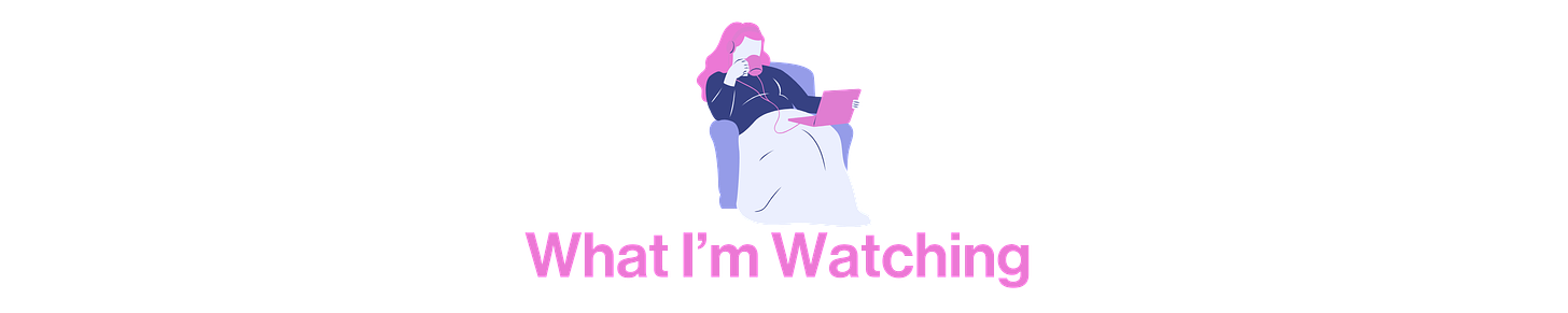 Sketch of a woman with pink drinking out of a pink cup holding a pink laptop, sitting in a blue chair with a pale blue blanket that says what i'm watching in pink 