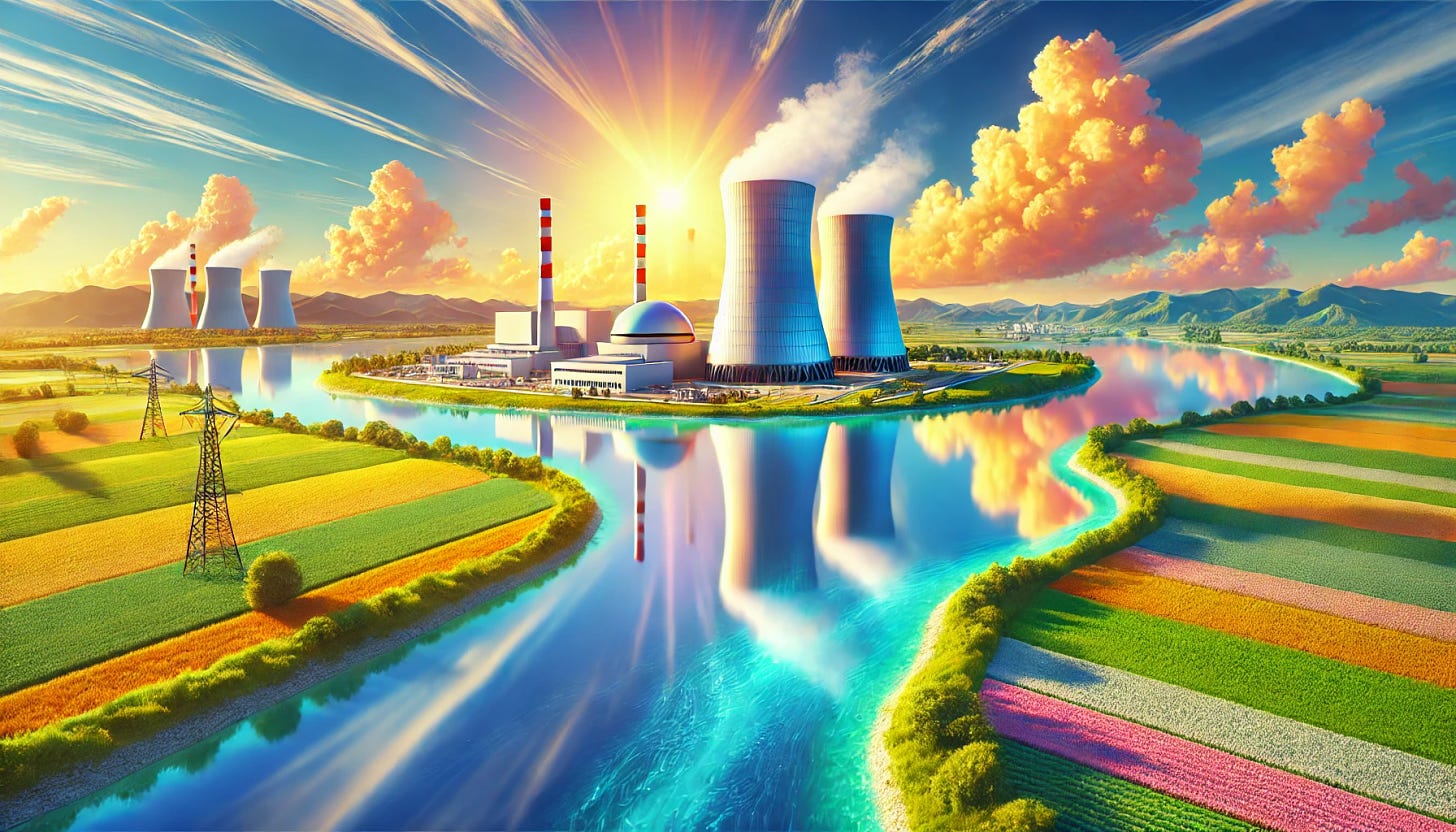 A bright and colorful landscape featuring clear skies and pristine waterways. In the background, a modern nuclear power plant with sleek cooling towers blends into the scene, surrounded by green fields and distant mountains. The reflection of the power plant is visible in the calm, blue water. The entire scene is bathed in vibrant, warm sunlight, creating a harmonious balance between nature and advanced technology.