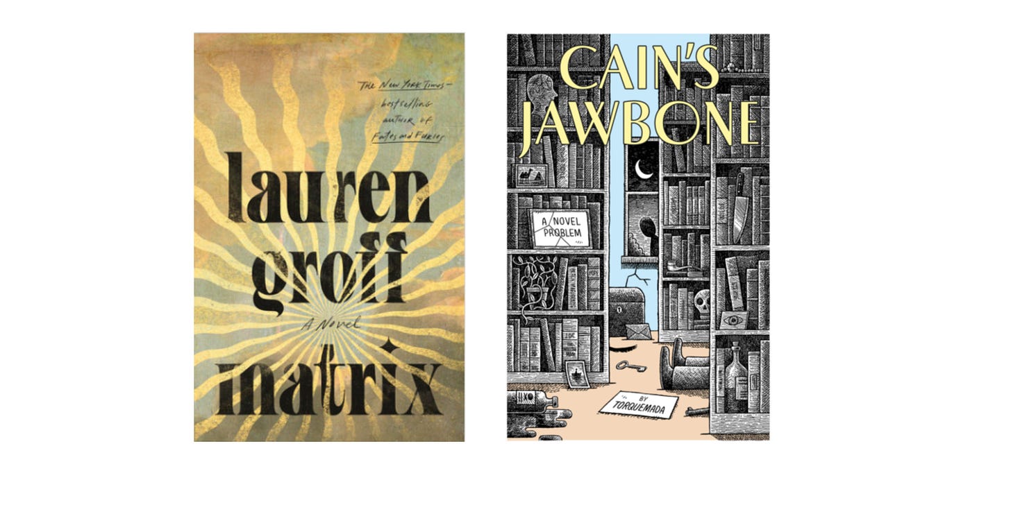 Book covers for Matrix by Lauren Groff and Cain's Jawbone by Torquemada