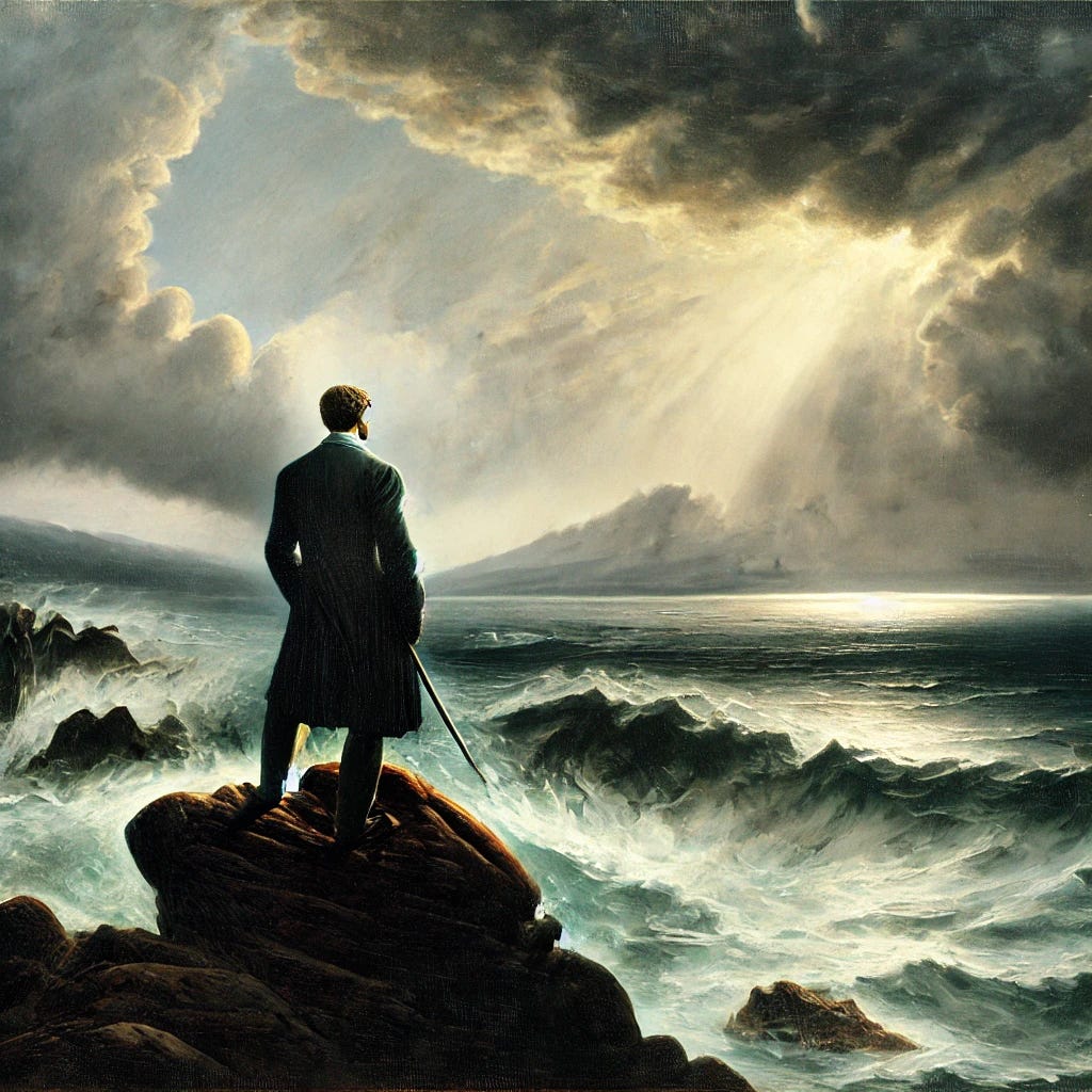 A classically inspired painting of a person standing alone on a rugged cliffside, gazing out at a stormy sea. The person appears contemplative, with a mixture of sadness and determination on their face. In the background, dark clouds loom, but a faint ray of sunlight breaks through, symbolizing hope. The style should evoke classical art, with realistic details and dramatic lighting, capturing the emotional depth and resilience of the individual.