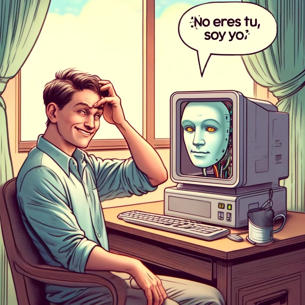 Illustrate the concept of the Turing Test in a humorous and engaging way suitable for a meme. The image should depict a human having a conversation with an old-fashioned desktop computer with a face on the screen, looking smug and confident. The human is scratching their head, puzzled, in a casual living room. This time, the speech bubbles are different: the human asks, "¿Quién soy yo?" and the computer responds, "No eres tú, soy yo." The scene captures a light-hearted and playful tone, emphasizing the Turing Test's essence, designed to assess a machine's ability to mimic human intelligence.
