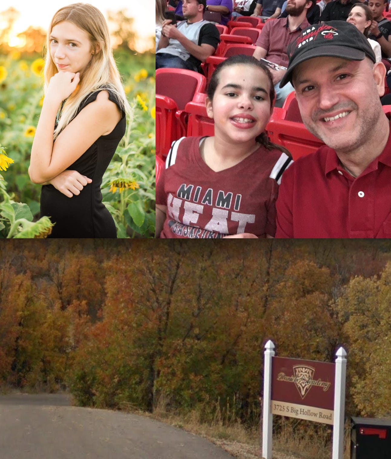 Three photographs, 1) a blond girl in a black dress in a field of sunflowers, 2) a young girl in a Miami Heat shirt, setting the stands of a sports arena and 3) a street heading downhill into the trees, with a sign saying "DANIELS ACADEMY" and mailbox in the foreground
