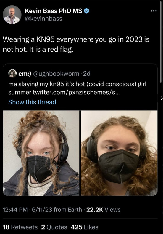 kevin bass tweet scolding a woman for posting a masked selfie, saying "wearing a mask is not hot. it is a red flag."