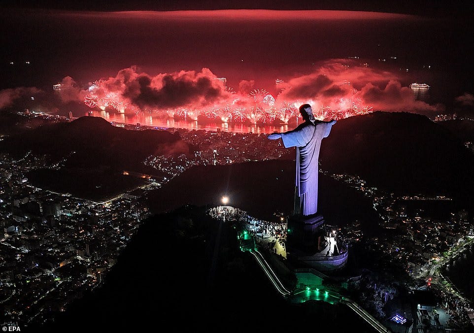 BRAZIL: An aerial photograph shows a fireworks display held with the Christ the Redeemer Monument in the foreground during New Year celebrations