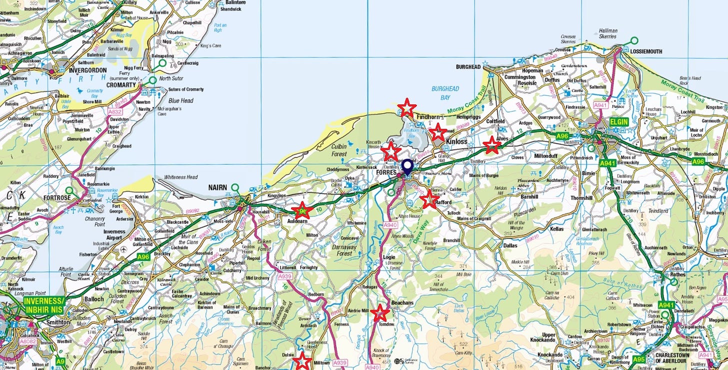 Map of ‘Earn’ place-names (and Dunphail) including Ulern/Blervie south-east of Forres, and Earnside east of Kinloss