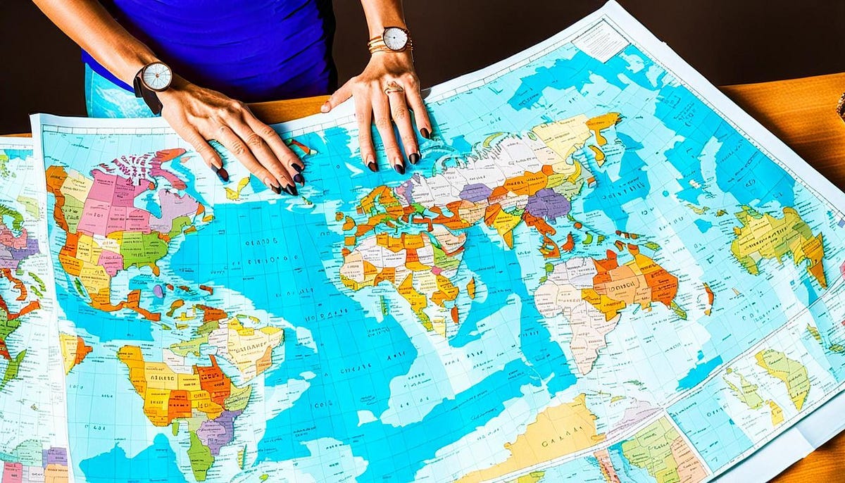 woman’s hands holding world atlas and maps