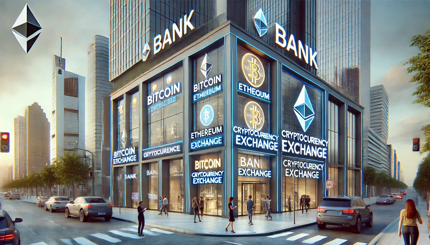 A realistic image of the exterior of a modern bank that prominently advertises cryptocurrency services. The building features sleek, contemporary architecture with large glass windows and clean lines. Outside, there are signs and digital displays promoting services like Bitcoin, Ethereum, and other cryptocurrencies. A bright neon sign shows 'Cryptocurrency Exchange' next to the bank's name. People walk by, some looking at the bank, while others check their phones or enter the building. The overall setting is urban, with a city skyline in the background, and cars parked in front of the bank.