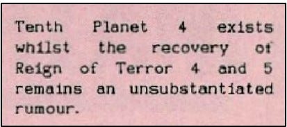 Fanzine cutting reading: “Tenth Planet 4 exists whilst the recovery of Reign of Terror 4 and 5 remains unsubstantiated rumour.”