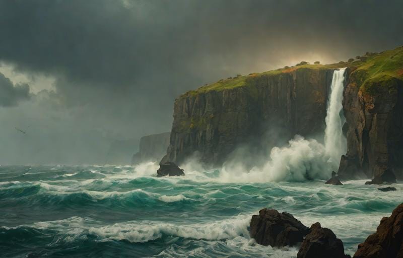 Cliffs in a storm with a sea breaking against them.