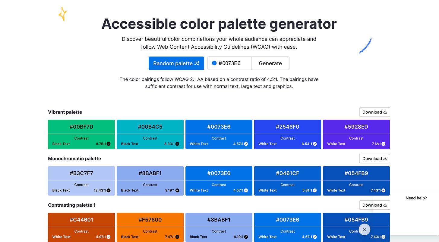 This screenshots of Venngage's accessible color palette generator shows what the various color palettes look like