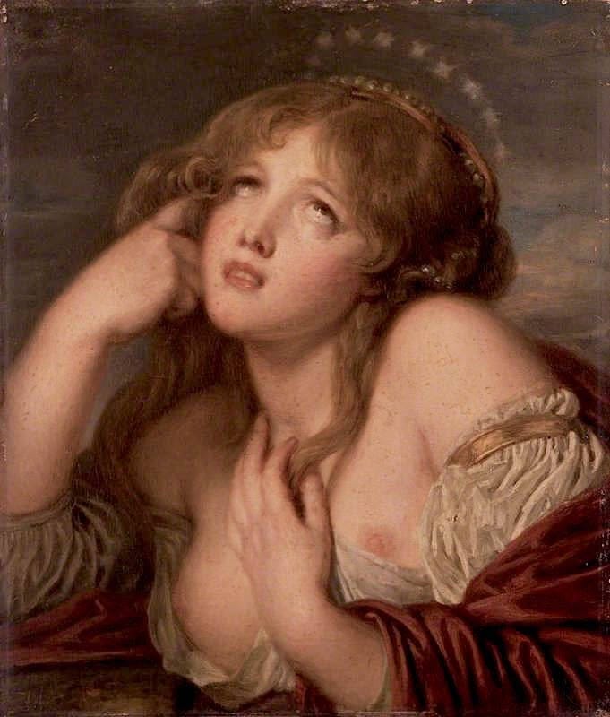 This may contain: a painting of a woman with her hands on her face and looking to the side