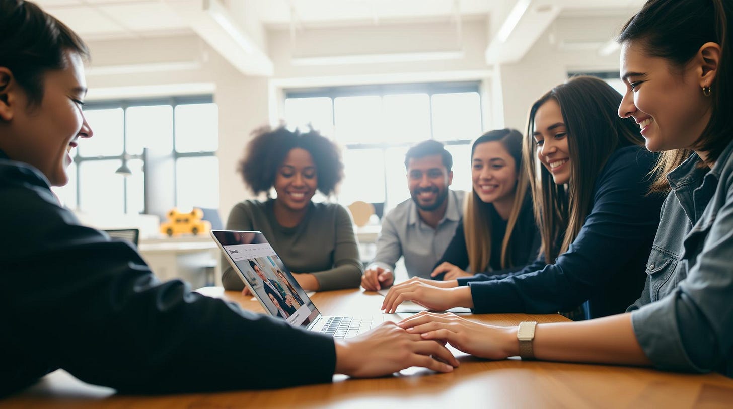Group of six diverse young adults gathered around a laptop, smiling and focused on the screen during a meeting or presentation
