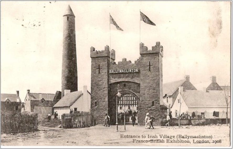 sepia tone image of medieval castle gate and tower with the name Ballymaclinton over the gateway