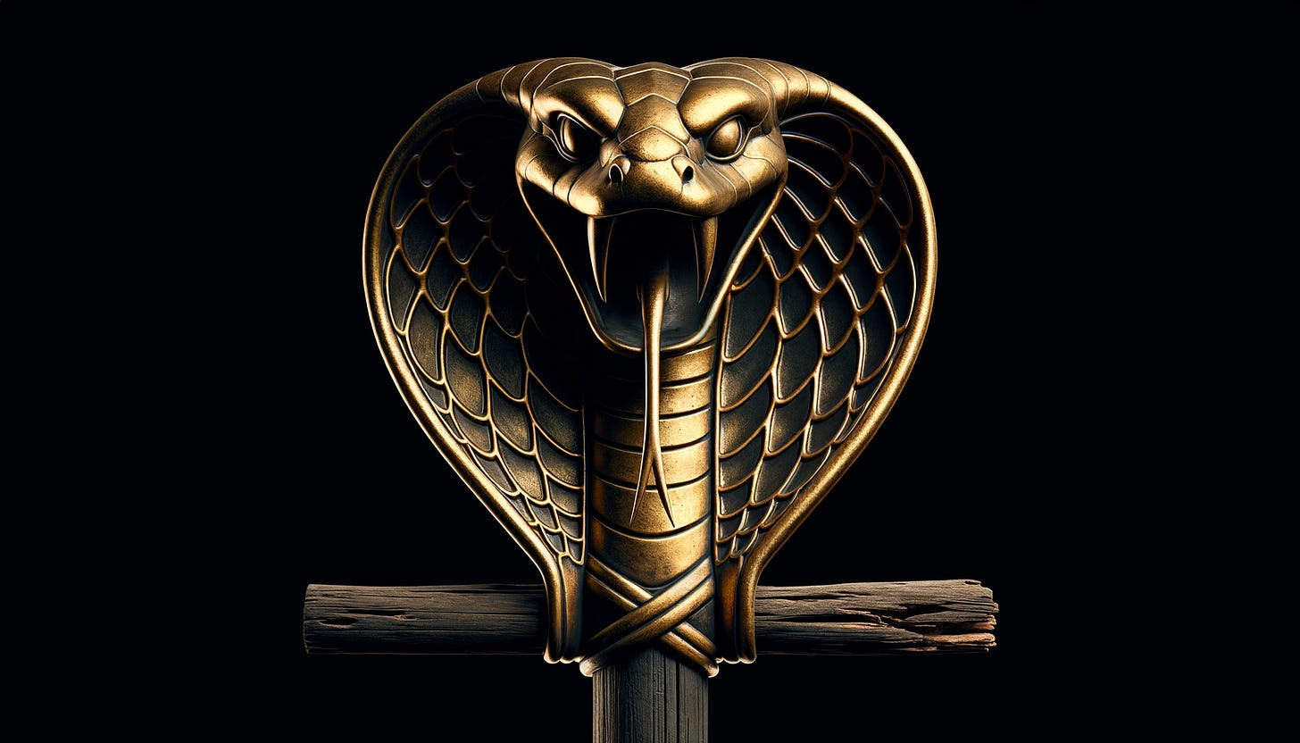 A photorealistic depiction inspired by Numbers 21:5–9, showing a brass cobra head mounted on a wooden pole with a crossbar. The cobra’s hood is flared with intricate scale patterns, and its menacing face looks forward with bared fangs and a visible tongue. The brass surface shines subtly, emphasizing its divine and symbolic role. The wooden pole and crossbar are weathered, reflecting ancient craftsmanship. The background is pitch black, isolating the cobra and pole, representing the "fiery serpent" created by Moses as a sign of divine healing for the Israelites.