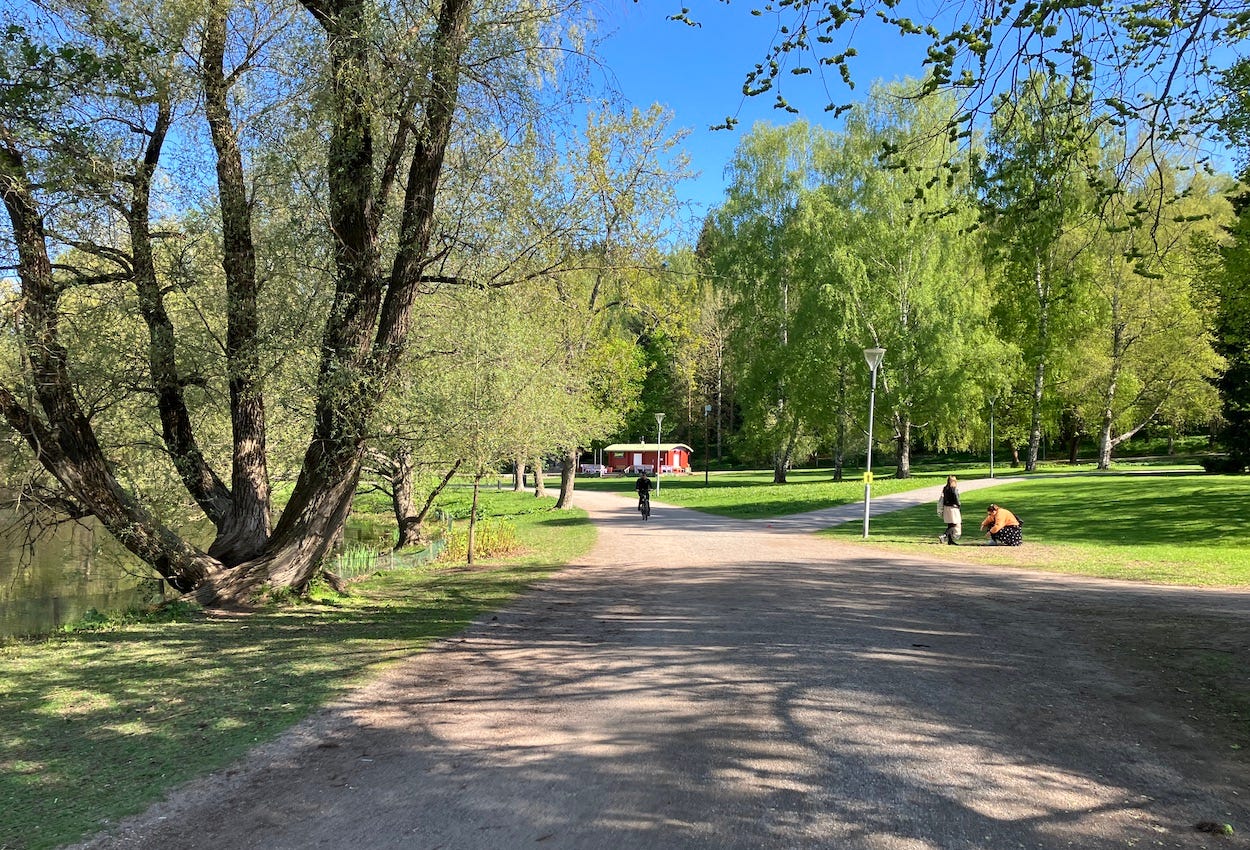 Wide paths by small lake, low red wooden building ahead