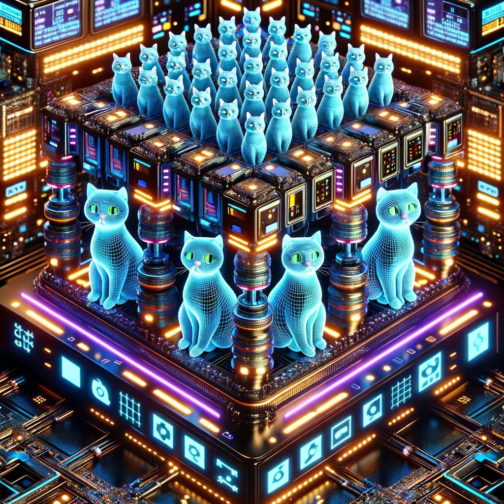 A futuristic quantum computer composed entirely of 'CAT qubits'. These qubits are stylized to resemble cats and are integrated into a large, complex system with thousands of them visible. The design includes error-correcting mechanisms visually represented in a sophisticated manner. The overall aesthetic is high-tech and quantum computing-inspired, featuring neon lights, holographic displays, and an intricate network of connections showcasing advanced technology.
