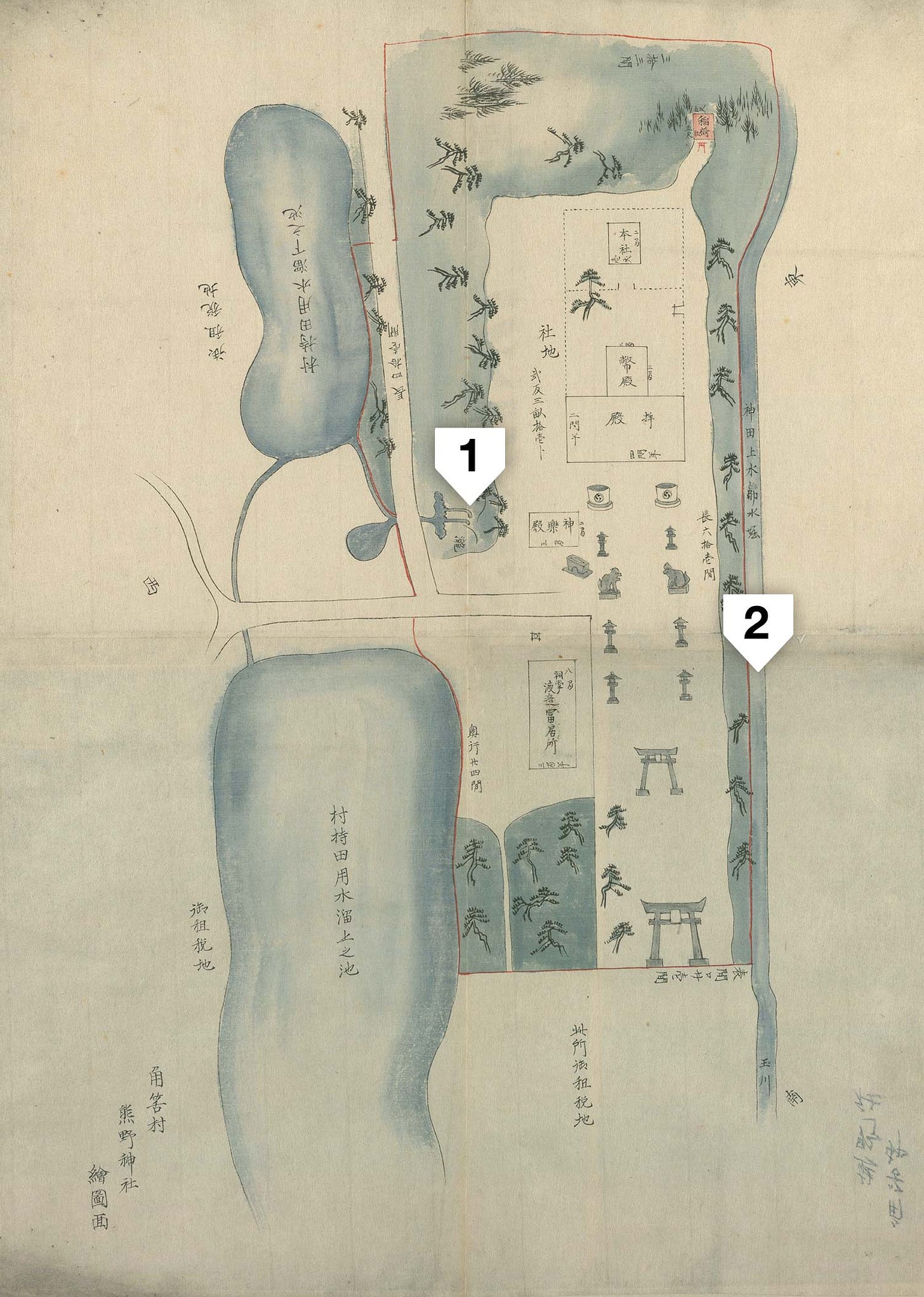 Hand-drawn early Meiji period map of Kumano Jūnisō Gongen in Shinjuku, Tokyo.