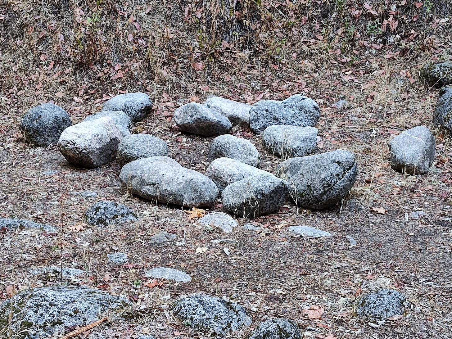 Grey rocks in a loose group of circles on the ground