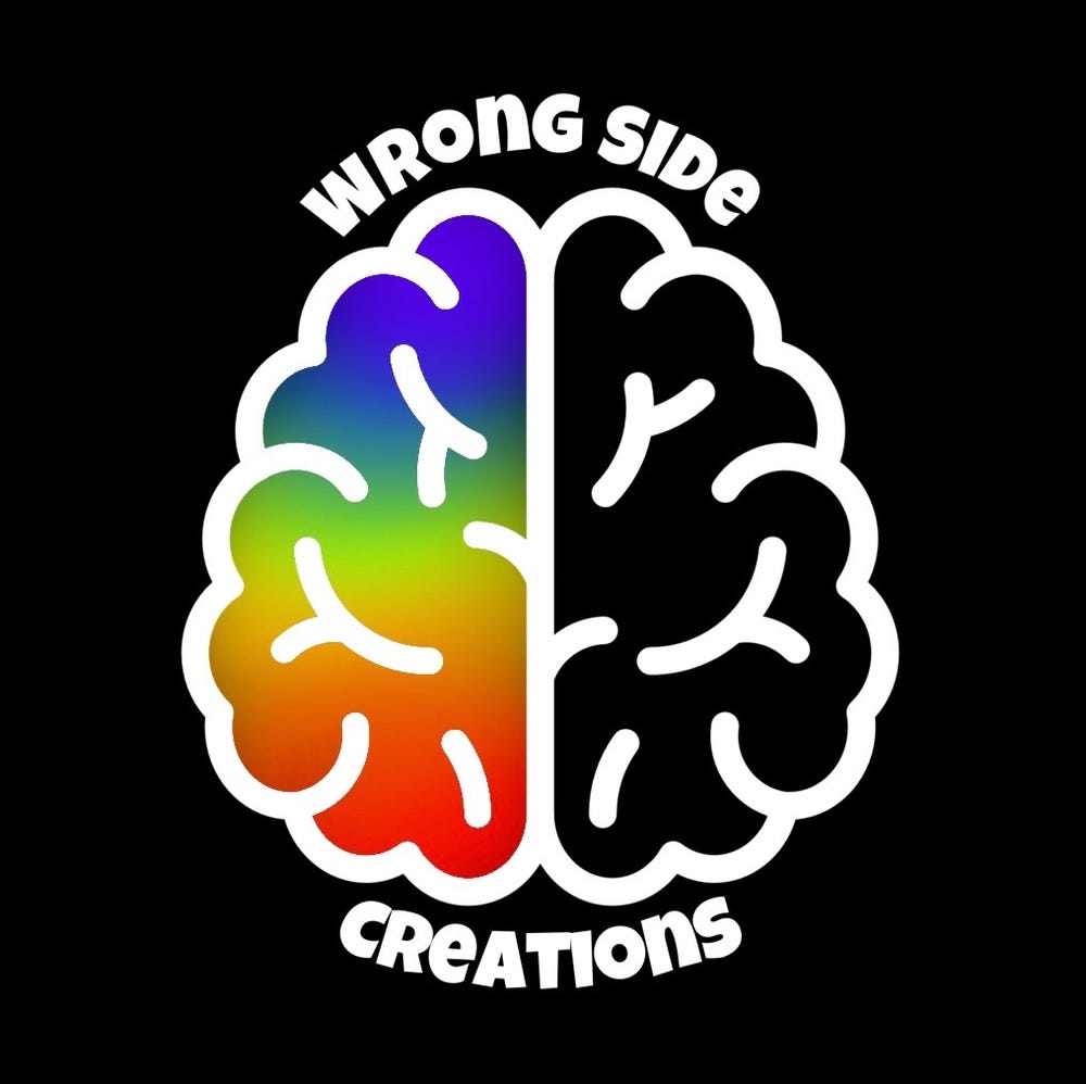 Wrong Side Creations Logo, White brain with the left side colored in with rainbow