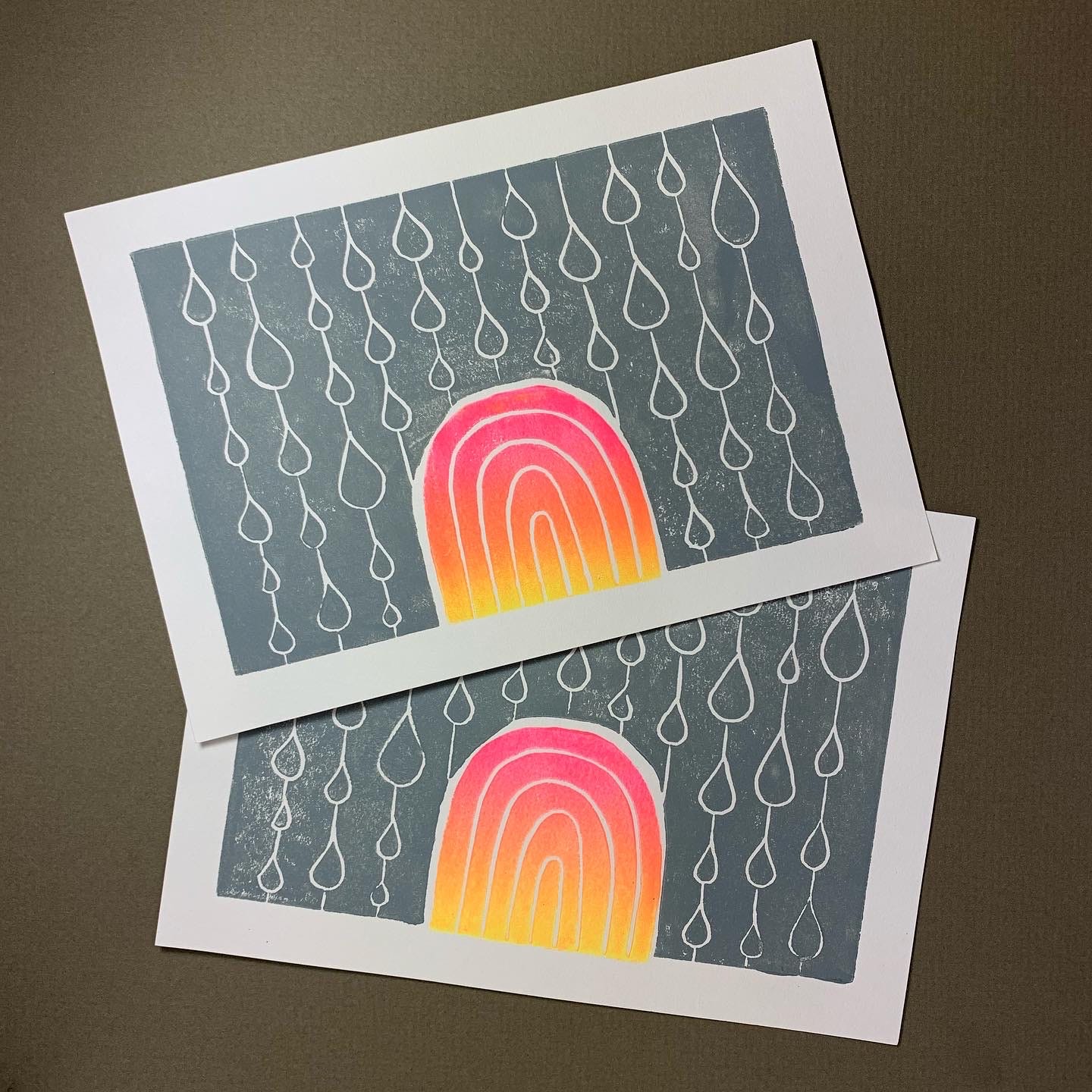 Stormy Rainbow Linocut Block Print
