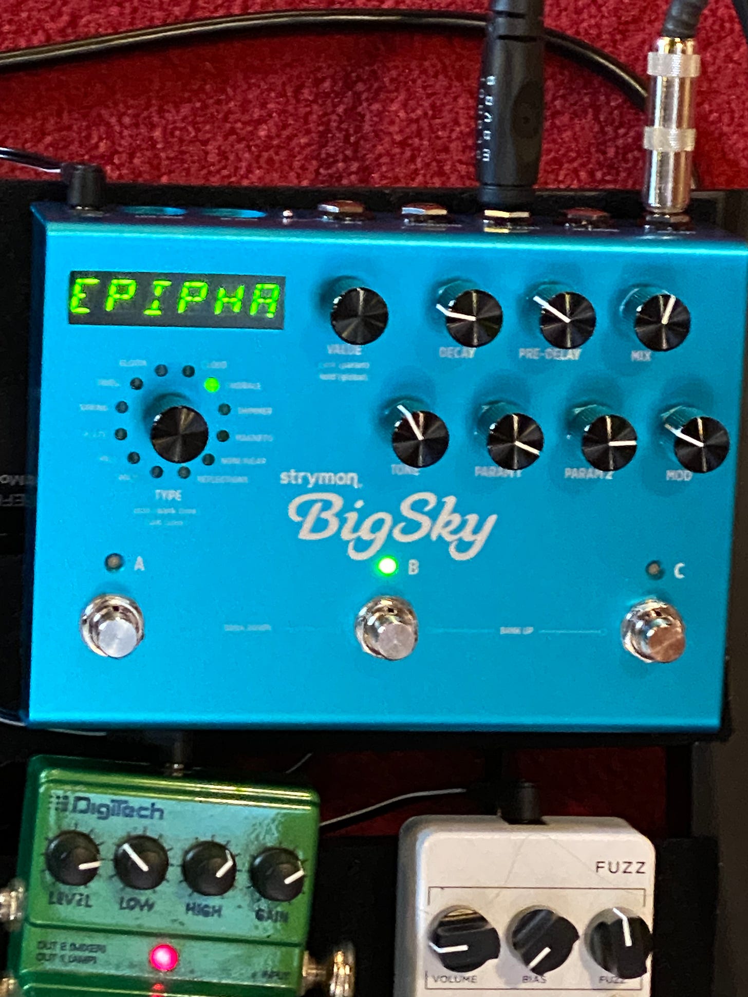 Photo of Strymon Big Sky reverb on my church pedalboard showing a chorale reverb patch called Epiphany. At the bottom of the photo, the Digitech Bad Monkey overdrive and JHS Fuzz are partially visible