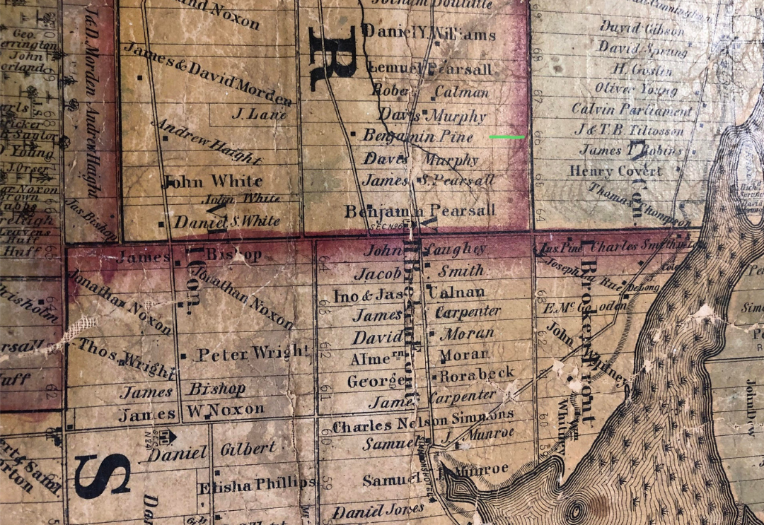 Closeup of a land map with farm plots in Ontario, Canada from the early 19th century.