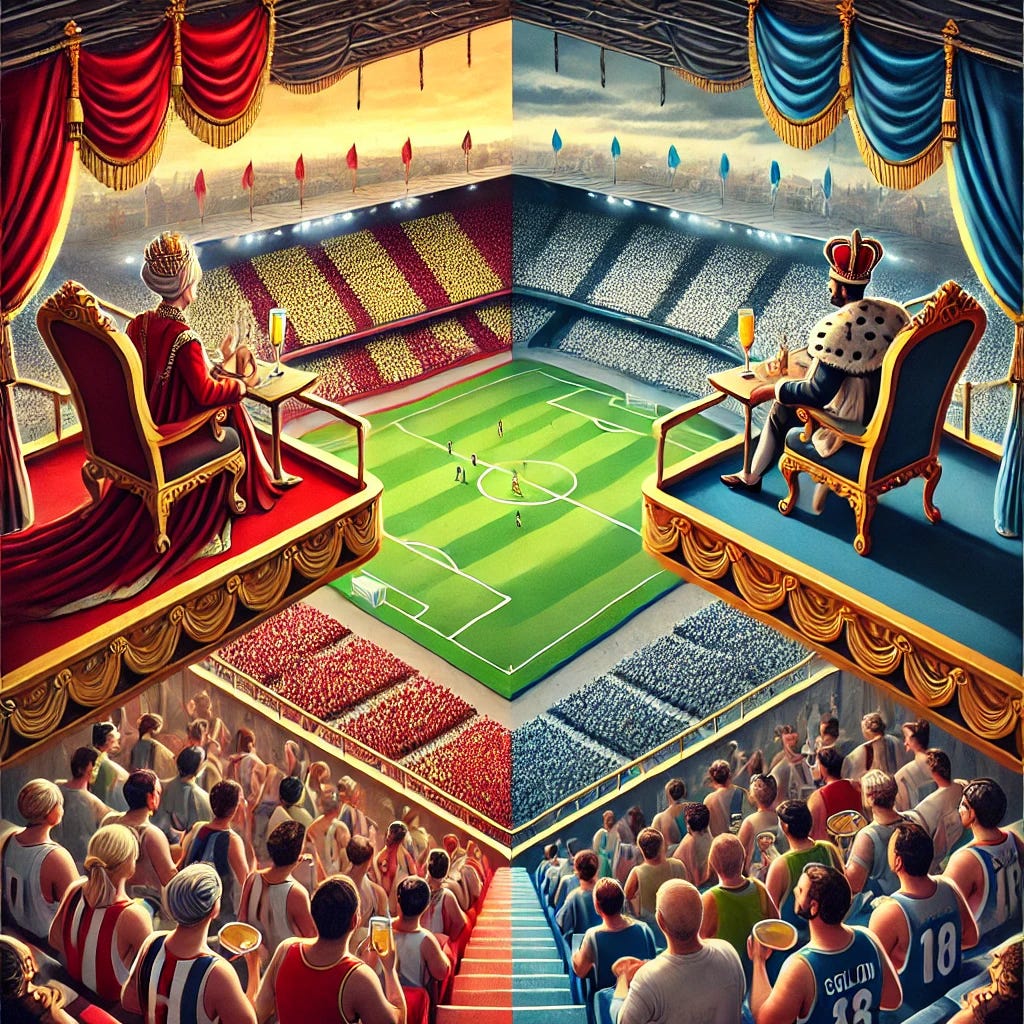 Create a square image depicting the concept of 'the ruled and the rulers' with a sports theme. Show a stadium divided into two distinct sections: the rulers in luxurious, exclusive boxes overlooking the field, dressed in opulent attire and surrounded by symbols of wealth, such as champagne glasses and luxurious decor. Below them, the ruled are represented as fans in the crowded stands, wearing ordinary clothing, looking up at the rulers. The scene should convey the disparity between the two groups, using a mix of vibrant sports colors for the fans and richer, more refined tones for the rulers. The overall composition should highlight the contrast in status and control between the groups.