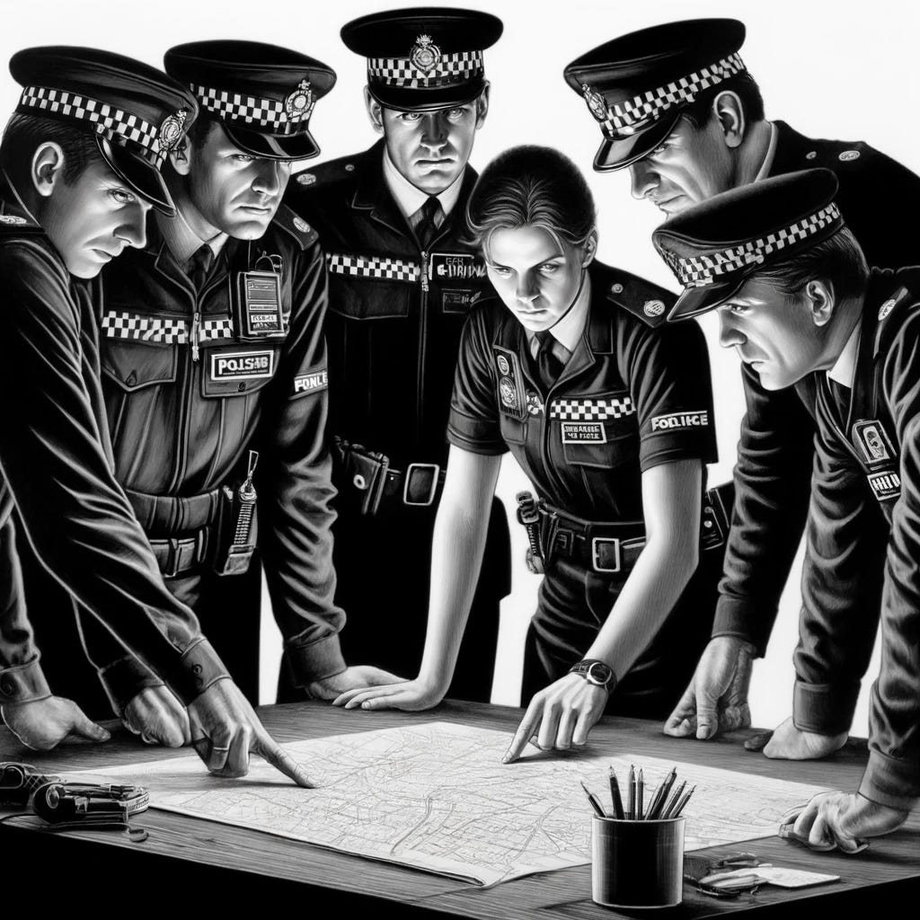 A black and white drawing depicting a group of police officers engaged in a decision-making process. The scene shows four police officers, two male and two female, standing around a table looking at a map. They are in uniform, with badges visible, and showing expressions of concentration and discussion. The drawing is detailed, capturing the intensity of their discussion and the environment around them, which includes radios and other police equipment.