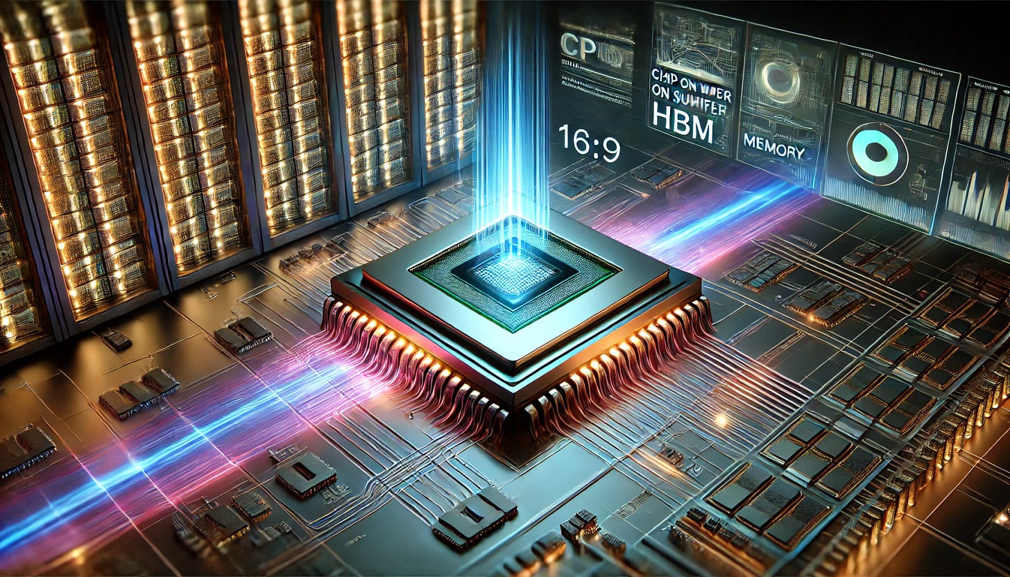 A 16:9 futuristic illustration of a server CPU utilizing CoWoS (Chip on Wafer on Substrate) technology for HBM (High Bandwidth Memory). The scene features a glowing, advanced CPU chip at the center, surrounded by stacked HBM modules connected through CoWoS architecture. Vibrant data streams flow between the CPU and HBM modules, symbolizing high-speed performance. The background showcases a high-tech server rack environment with holographic displays highlighting the CoWoS process and performance metrics. The atmosphere emphasizes cutting-edge innovation and advanced semiconductor design.