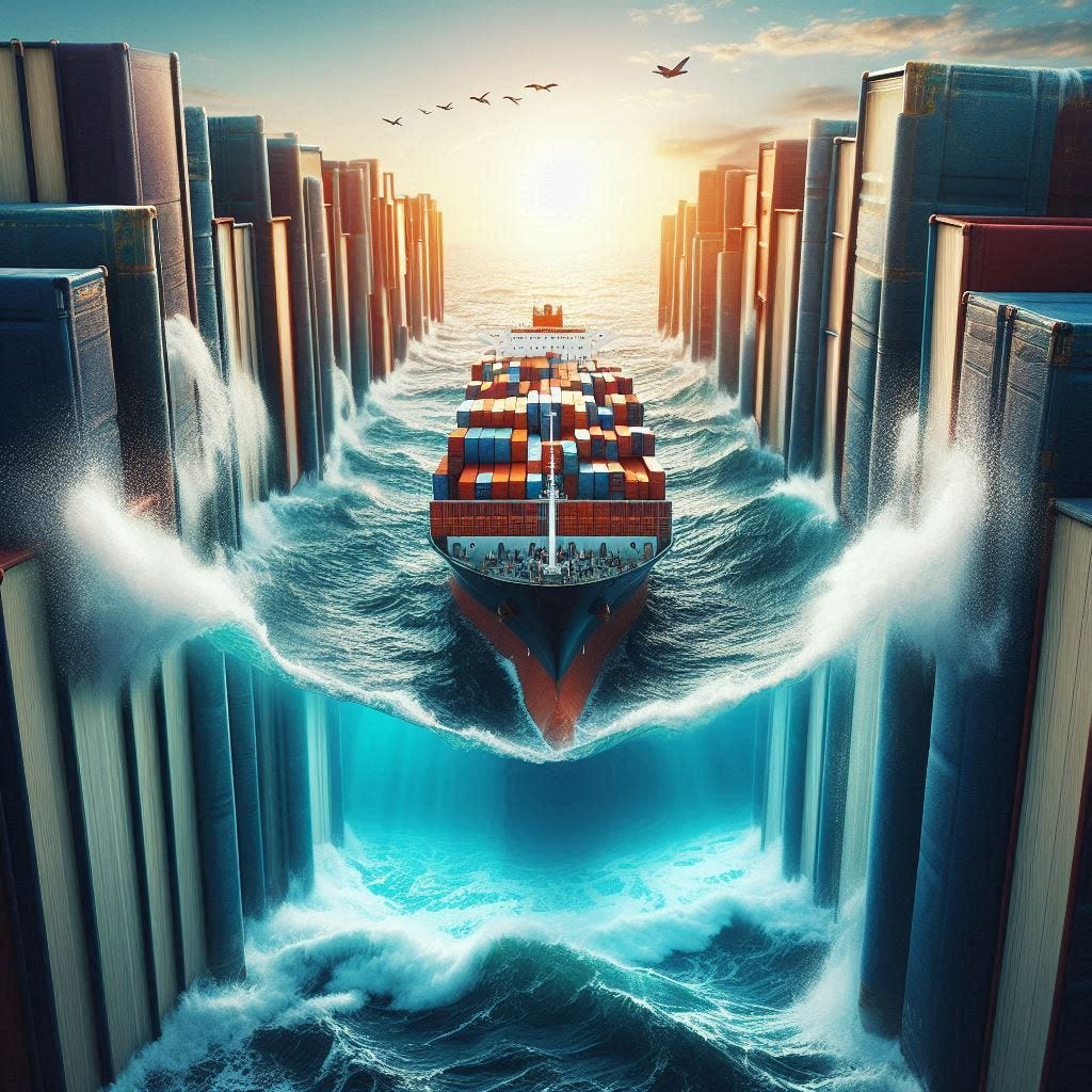 A containership, ocean, and books in an extraordinary visual