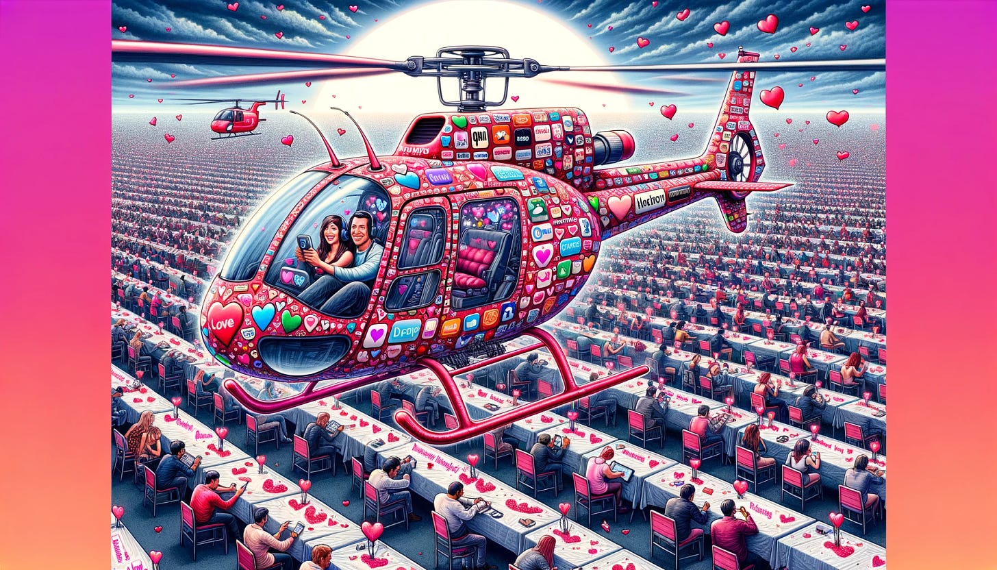 An illustration of a Valentine's-themed helicopter, covered in dating app logos and piloted by a new couple, flying away from a vast speed dating event that covers the entire ground. The helicopter, adorned with romantic motifs, contrasts with the sprawling event below, where singles are absorbed in their phones. The new couple in the helicopter symbolizes hope and successful matchmaking, providing a vivid contrast to the technology-dominated landscape of the speed dating event. The artwork is rich in detail and captures the essence of finding love in the modern dating world.