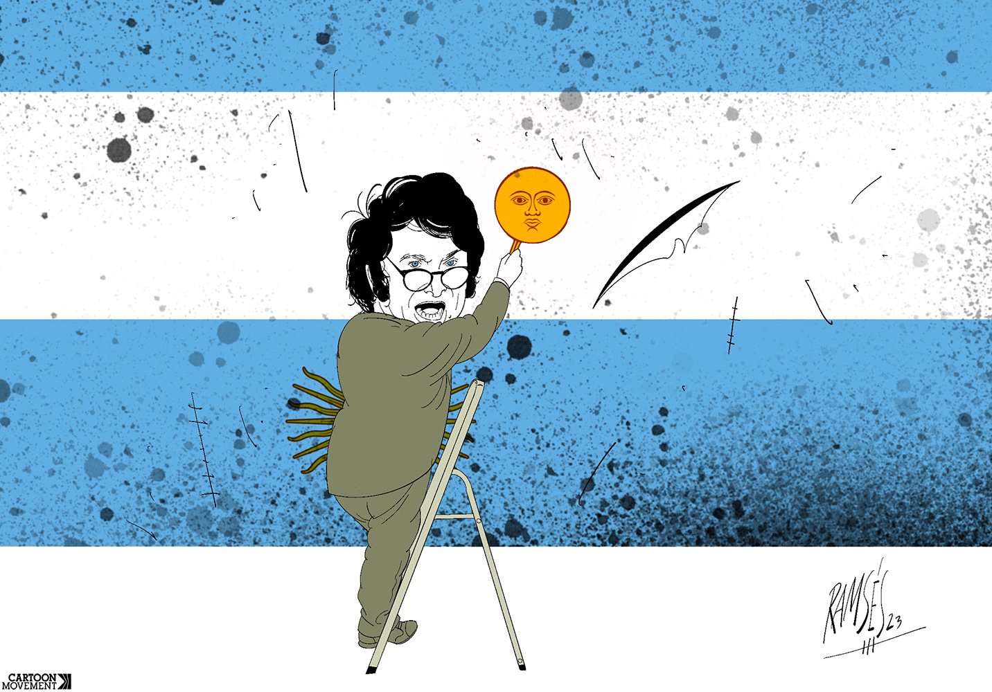 Cartoon showing Argentinian president Milei standing on a ladder that's up against the flag of Argentina. He is busy plucking out the individual rays of the sun that's in the middle of the flag.